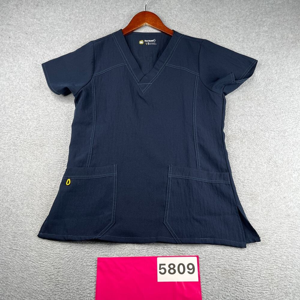 Womens Four Stretch Scub Top Navy Blue Size Small Pockets Casual